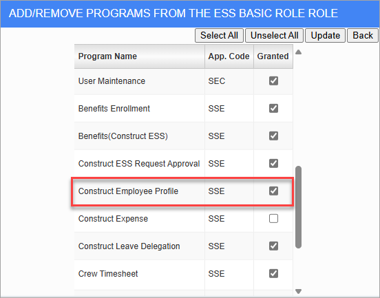 Screenshot of Role Maintenance - Assign Programs.