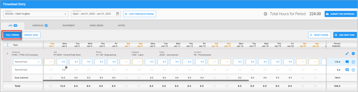 Screenshot of Timesheet Entry - Full Period View.