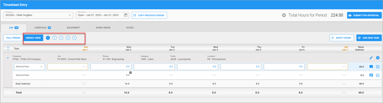 Screenshot of Timesheet Entry - Weekly View.