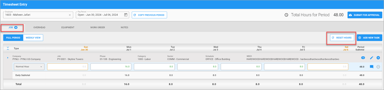 Screenshot of Timesheet Entry's [Reset Hours] button.
