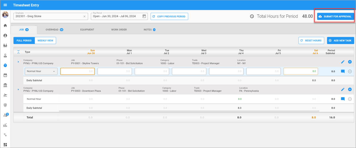 Screenshot of Timesheet Entry screen.