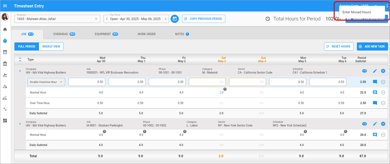 Screenshot of Timesheet Entry with Enter Missed Hours option highlighted.
