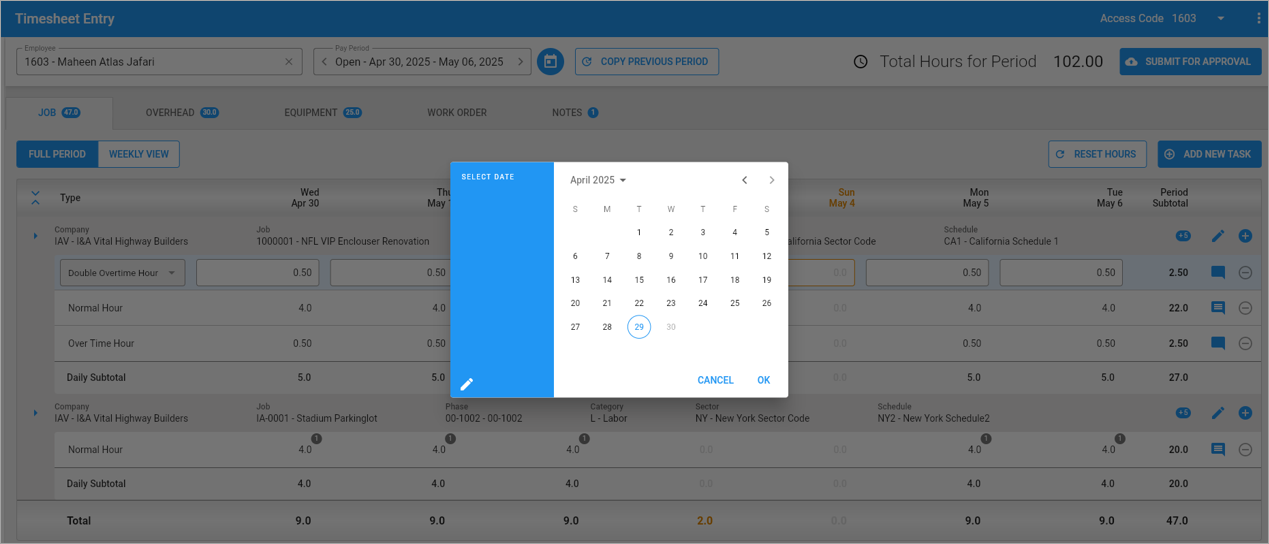 Screenshot of date picker on Timesheet Entry.