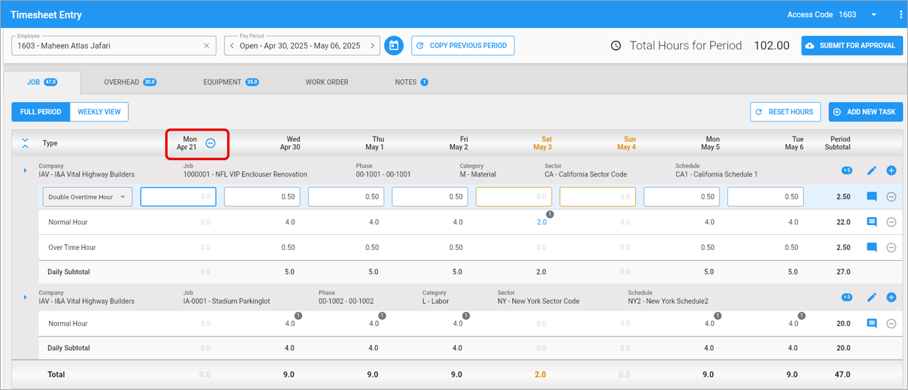 Screenshot of Timesheet Entry with new row added.