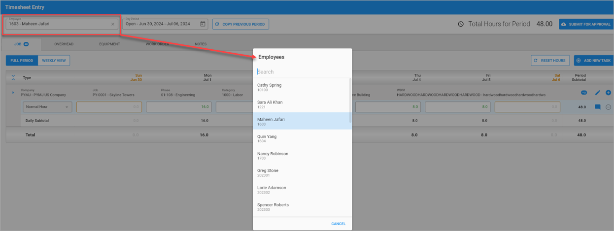 Screenshot of Employee field pop-up window.