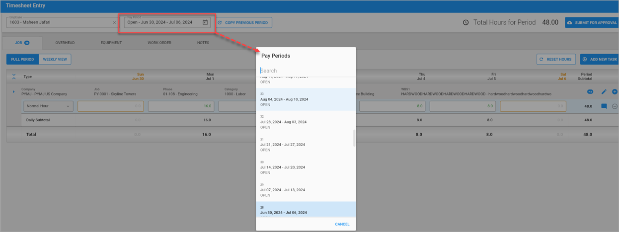 Screenshot of pop-up window launched from the Pay Period field.