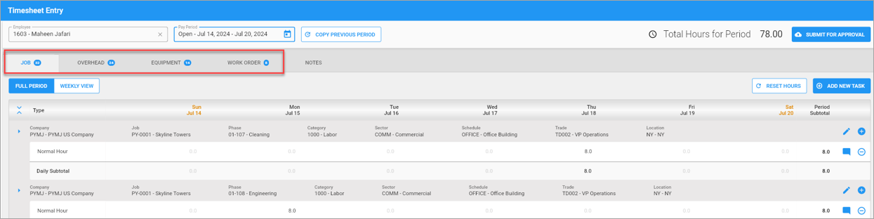 Screenshot of Timesheet Entry screen's tabs.