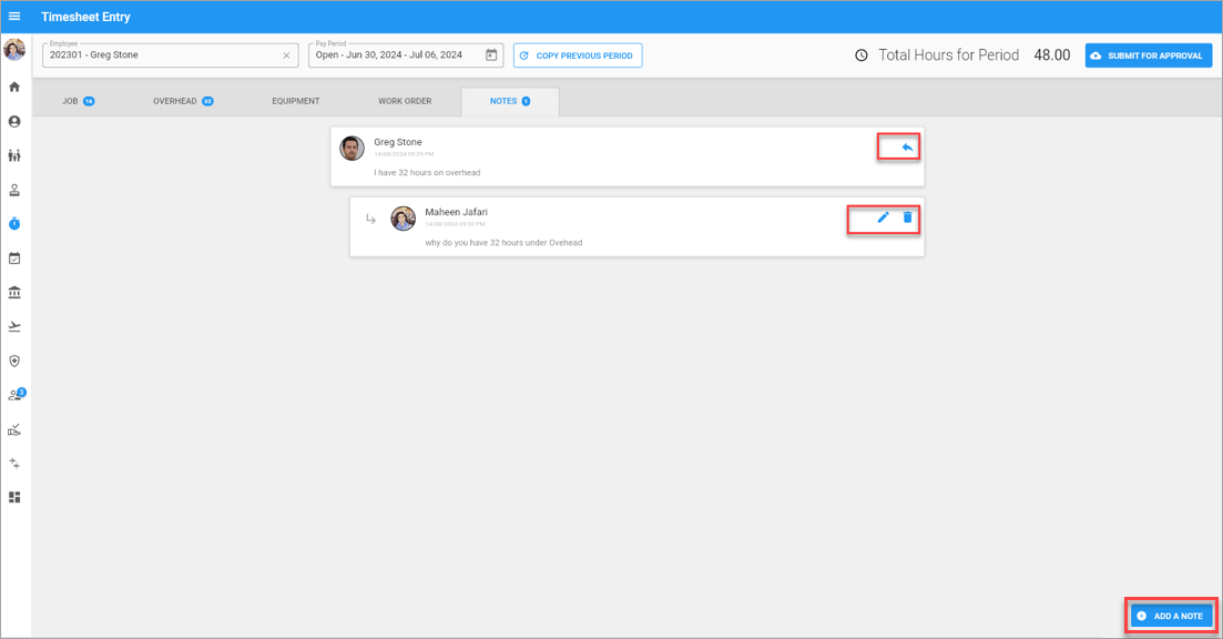 Screenshot of Timesheet Entry screen showing Notes tab.