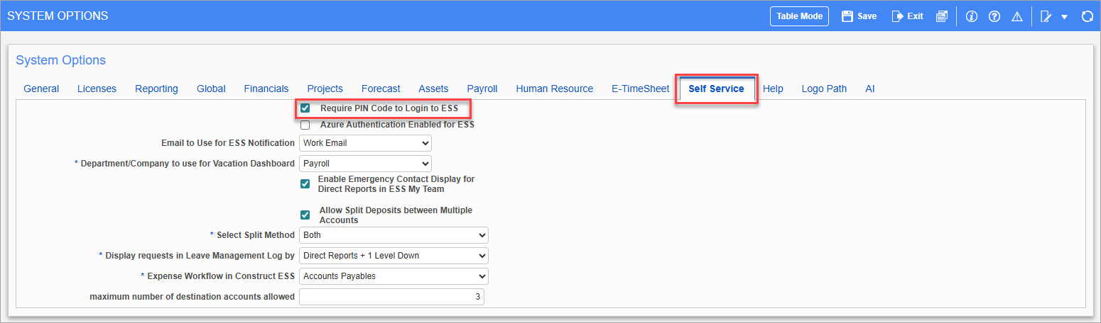 Screenshot of Self Service tab.