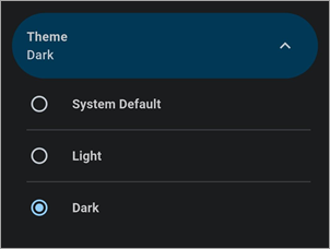 Screenshot of Settings Theme drop-down with Dark selected.