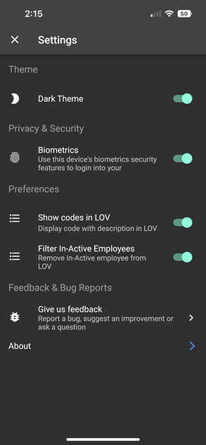 Screenshot of Settings screen with Dark Theme toggle enabled.