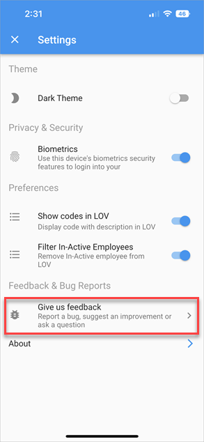 Screenshot of Settings screen with "Give us feedback" option highlighted.