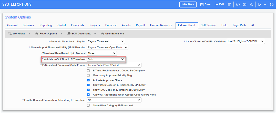 Screenshot of System Options screen with E-Timesheet tab enabled.