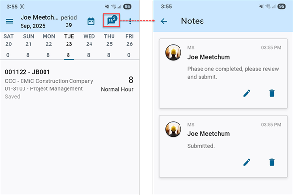 Screenshot of Timesheet Entry with Notes icon highlighted.