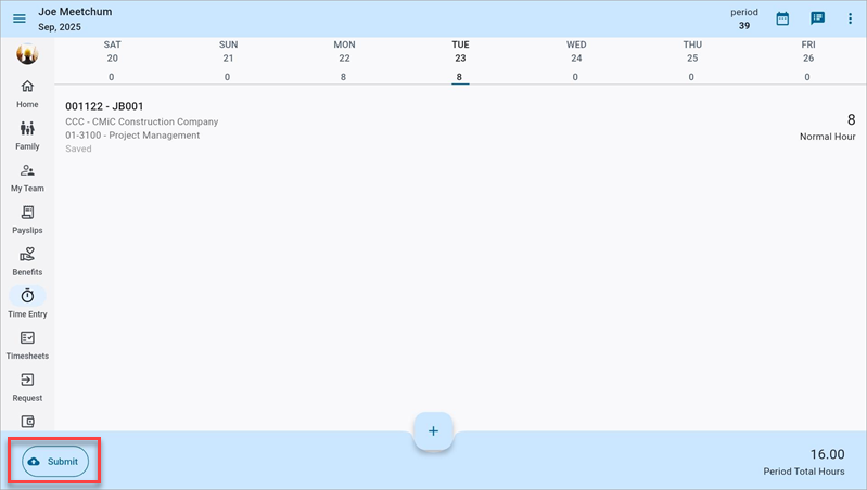Screenshot of Timesheet Entry with [Submit] button highlighted.