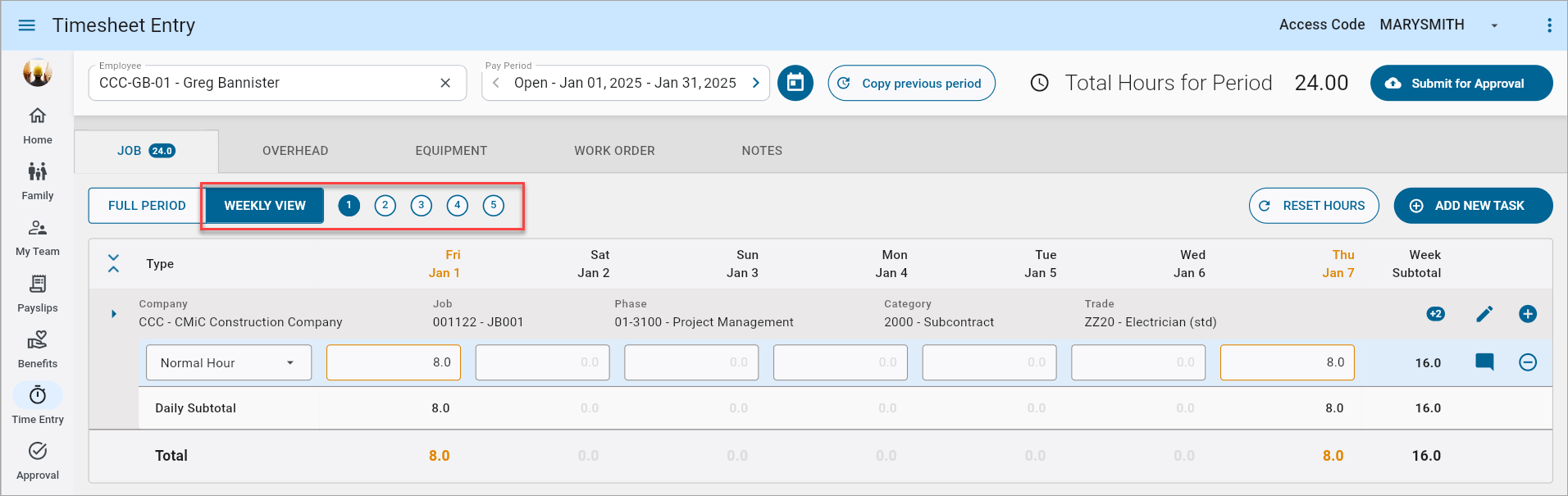 Screenshot of Timesheet Entry - Weekly view.