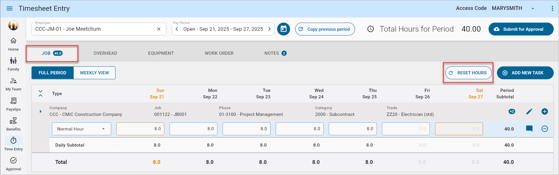 Screenshot of Timesheet Entry's [Reset Hours] button.