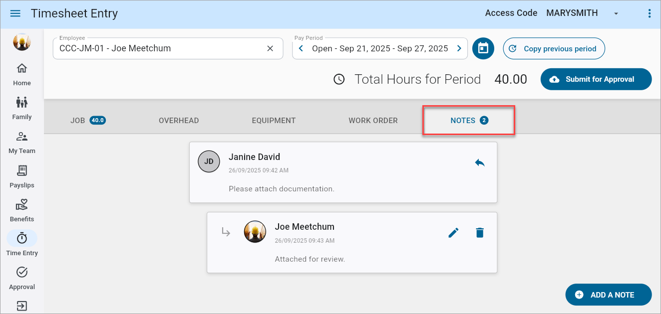 Screenshot of Timesheet Entry screen showing Notes tab.
