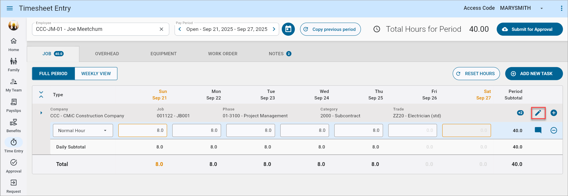 Screenshot of Timesheet Entry screen.