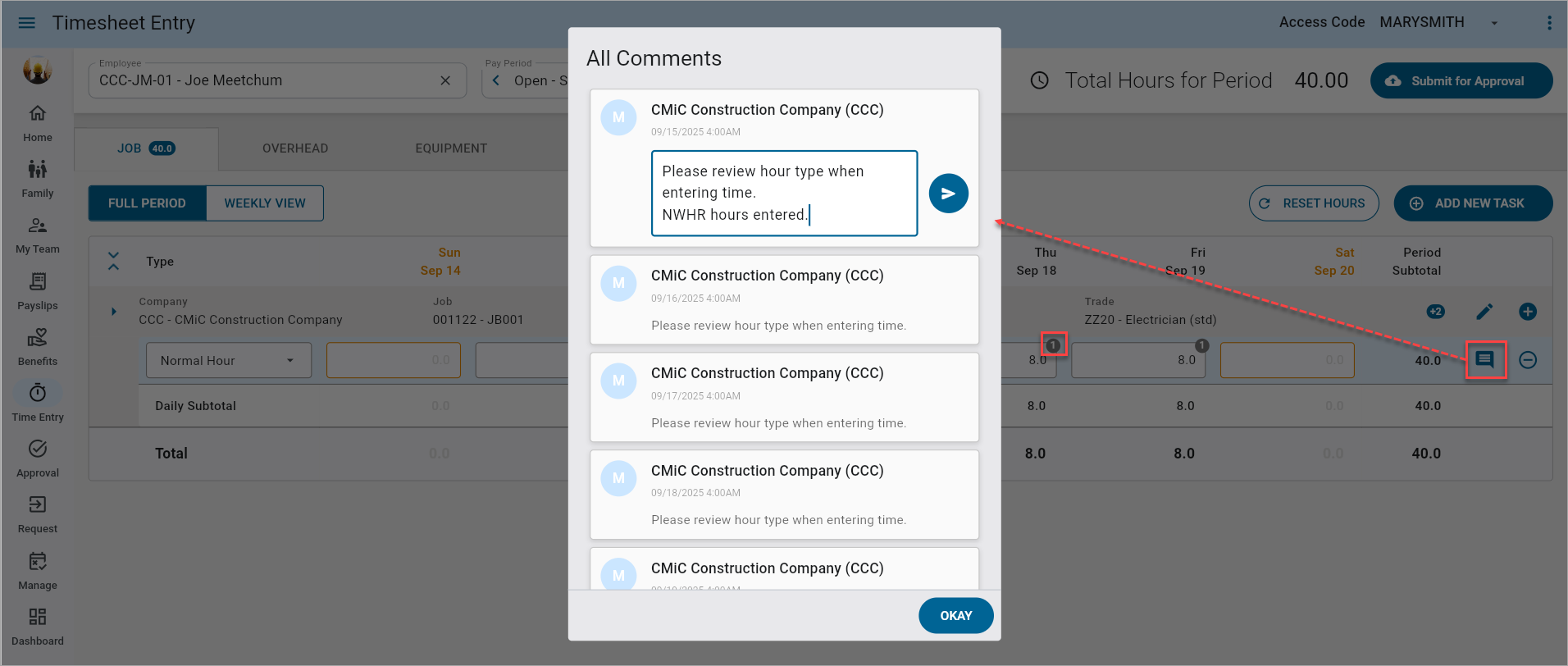 Screenshot of All Comments pop-up window.