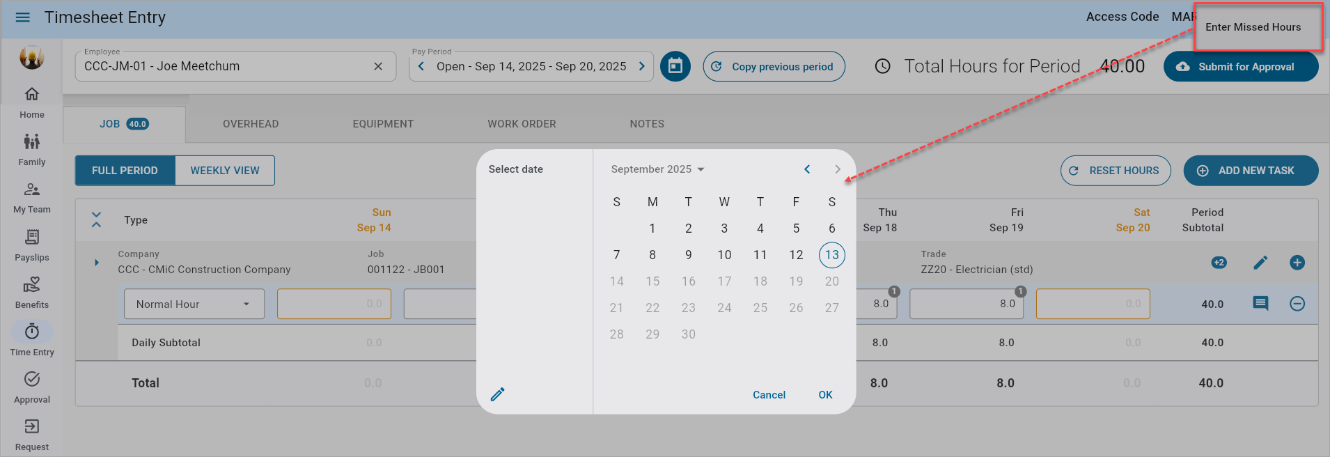 Screenshot of date picker on Timesheet Entry launched from Enter Missed Hours option.