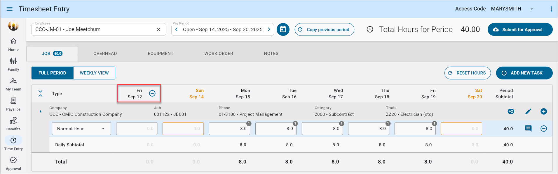 Screenshot of Timesheet Entry with new column added.
