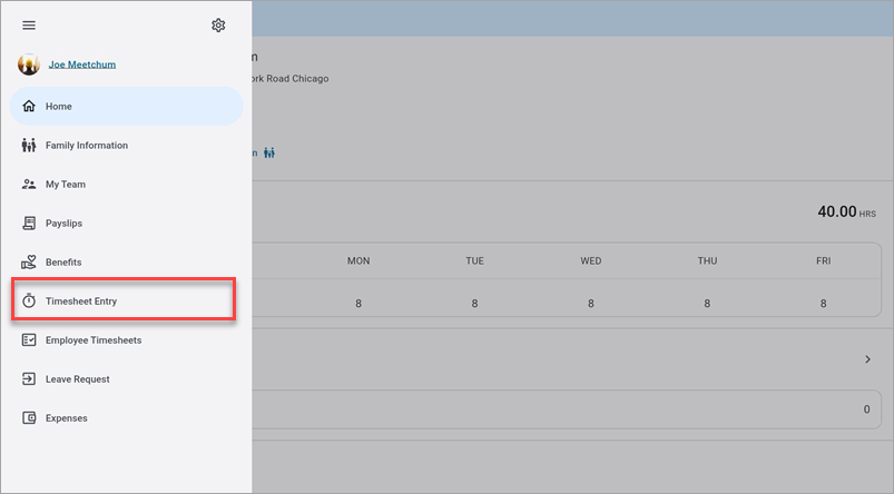 Screenshot of Construct ESS main menu with Timesheet Entry highlighted.