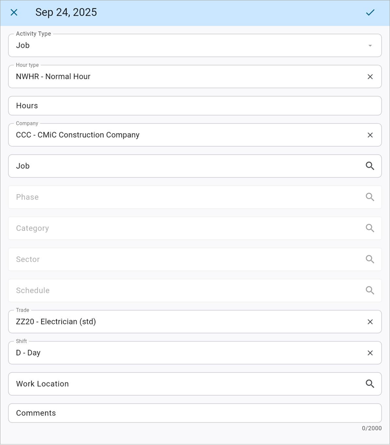 Screenshot of entering time.