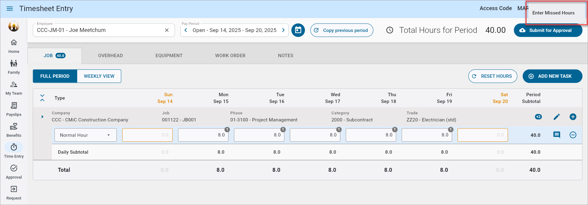 Screenshot of Enter Missed Hours option on Timesheet Entry.