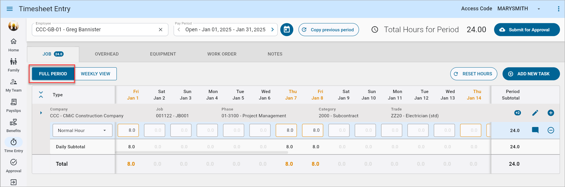 Screenshot of Timesheet Entry - Full Period View.
