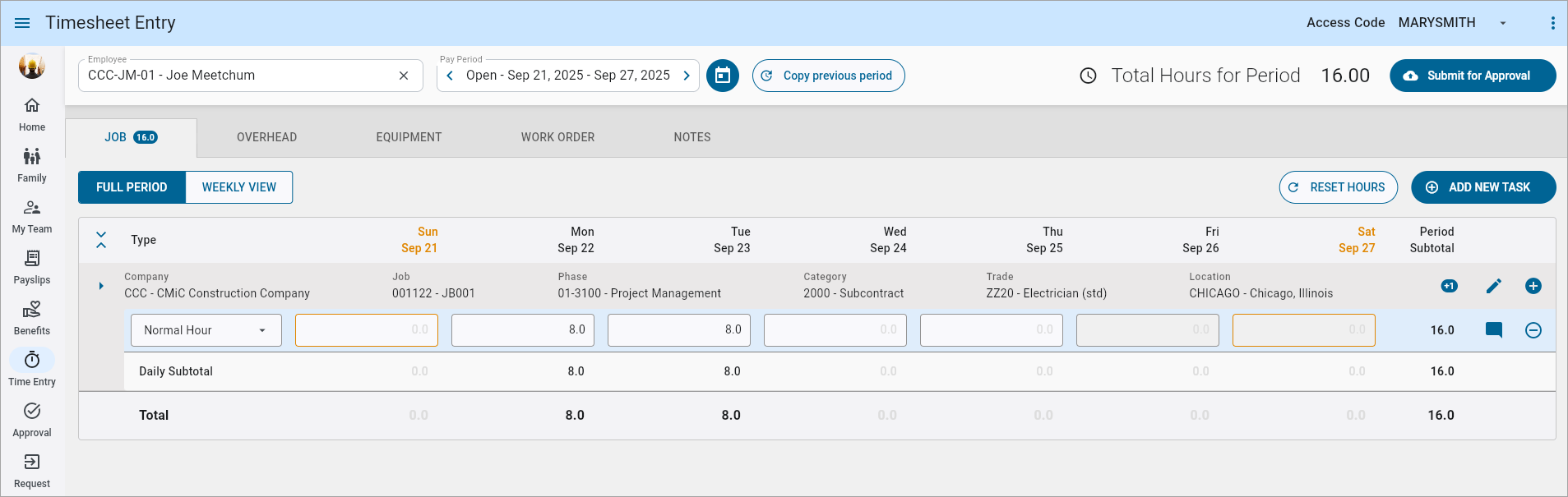 Screenshot of Timesheet Entry.