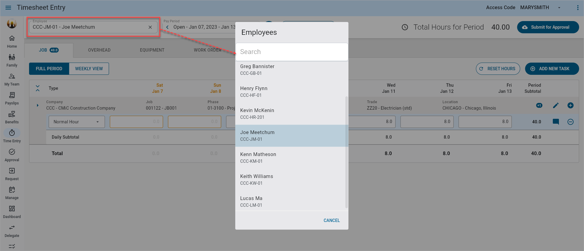 Screenshot of Employee field pop-up window.