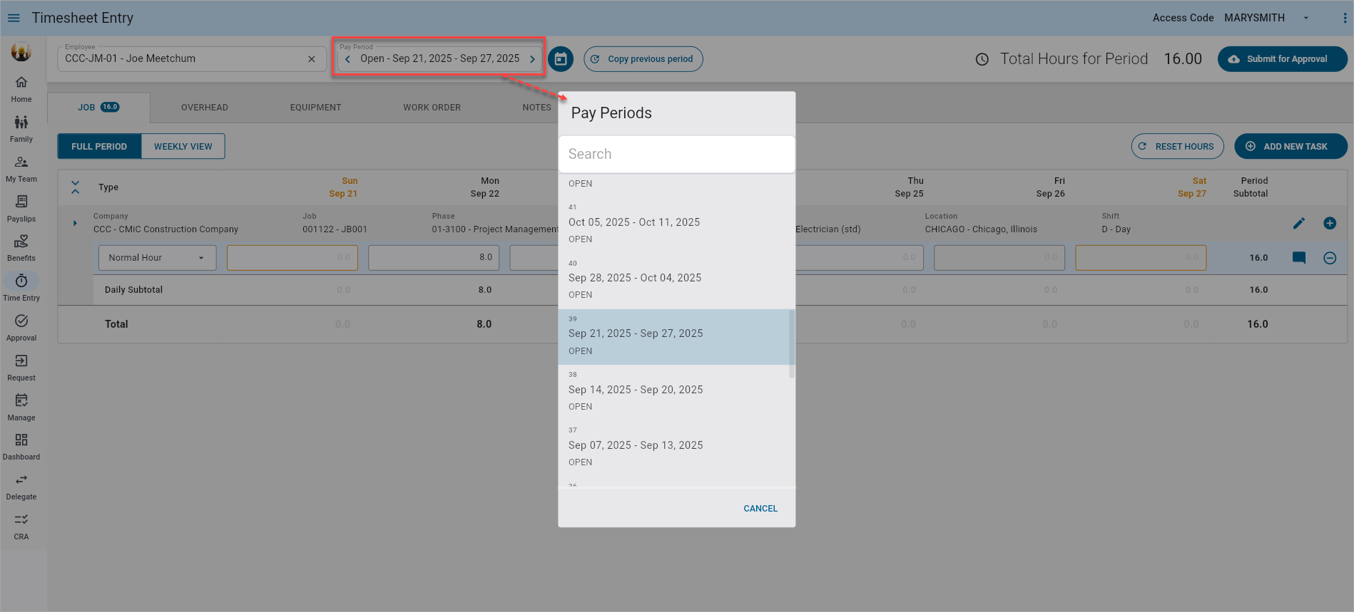 Screenshot of pop-up window launched from the Pay Period field.