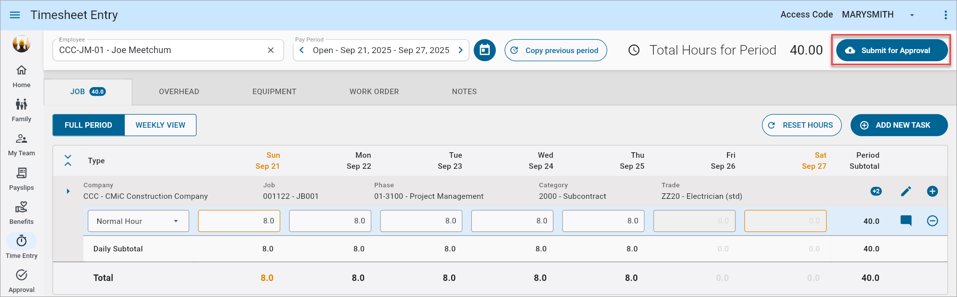 Screenshot of Timesheet Entry screen with button highlighted.