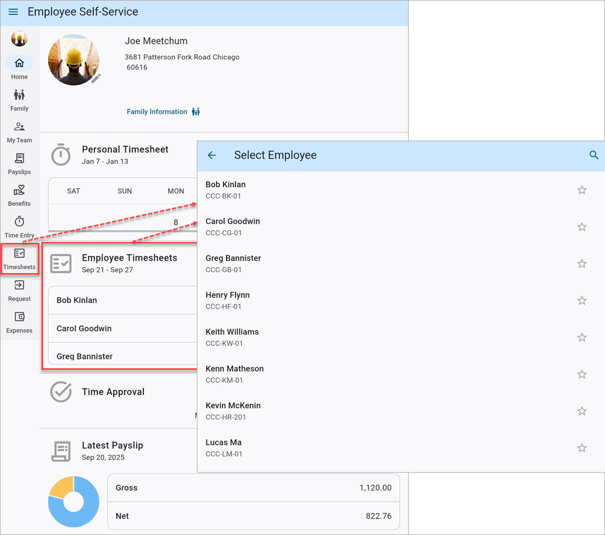 Screenshot of accessing Employee Timehseets.