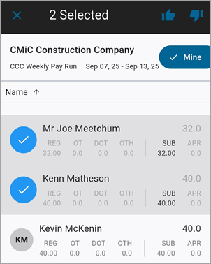 Screenshot of Time Approval with records selected.