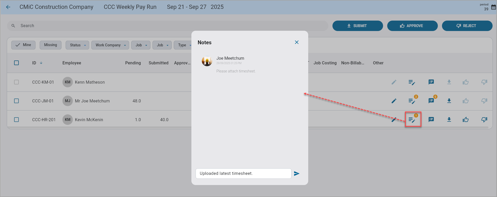 Screenshot of Time Approval with Note launched.
