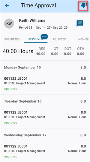 Screenshot of Time Approval with approved records.