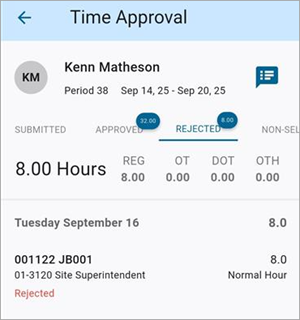 Screenshot of Time Approval with rejected records.