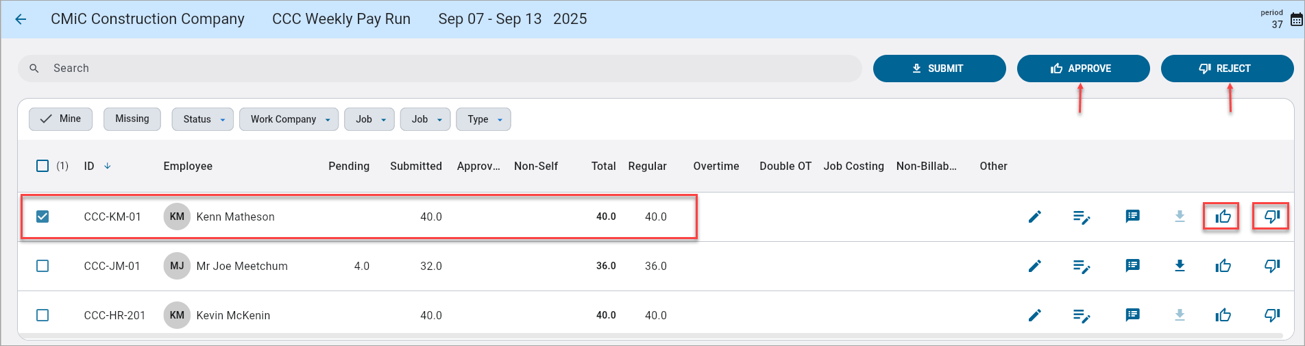 Screenshot of Time Approval with row selected.
