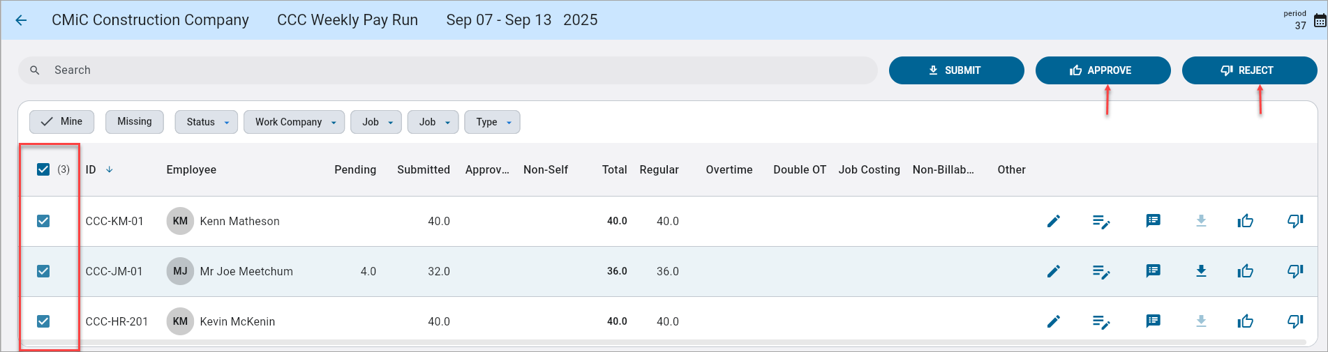 Screenshot of approving/rejecting a batch of records in the Timesheet Approval screen.