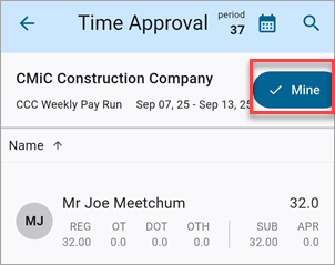 Screenshot of Time Approval with [Mine] highlighted.
