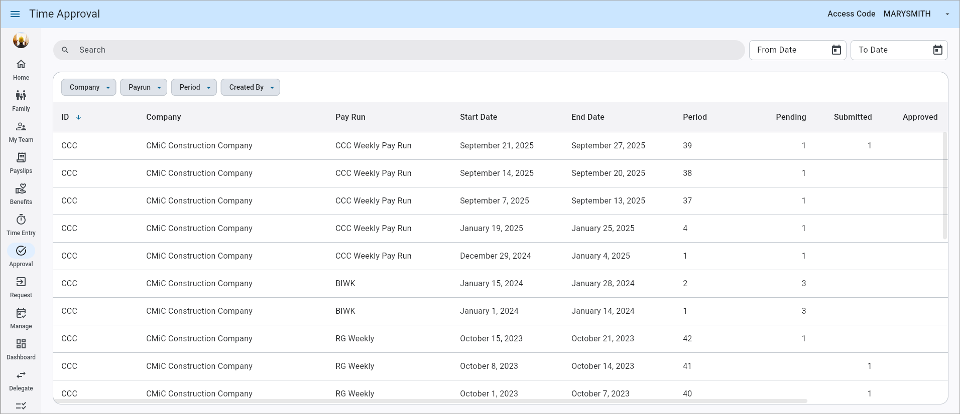 Screenshot of Time Approval.