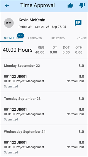 Screenshot of Time Approval with timesheet hours.