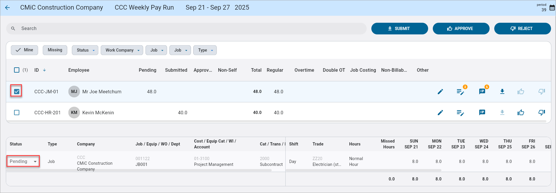 Screenshot of Time Approval with timesheet hours.