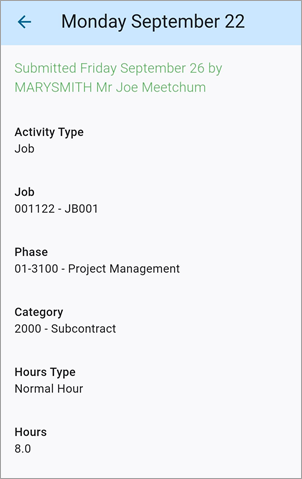 Screenshot of Time Approval with submitted message.