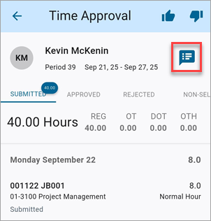 Screenshot of Time Approval with Notes icon highlited.