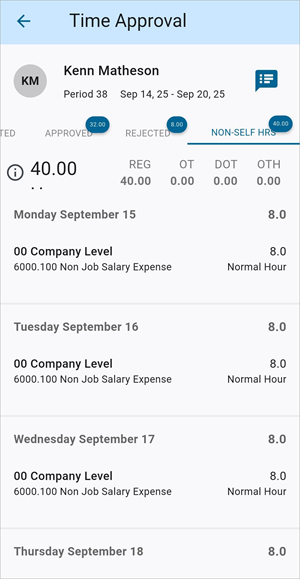 Screenshot of Time Approval - Non-Self Hrs tab.
