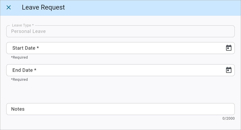 Screenshot of Leave Request with Type selected. 