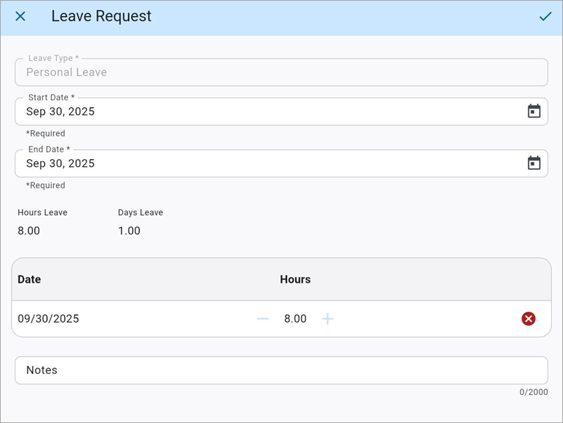 Screenshot of Leave Request with dates.